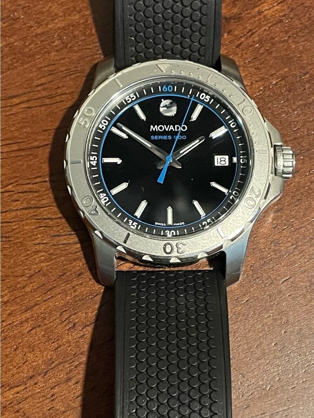 Movado Black Dial Stainless Steel Watch with Blue Accents - Picture 5 of 7